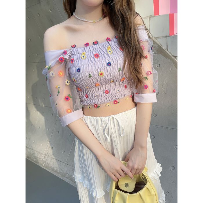 POSY SEE-THROUGH SLEEVE CROP TOP