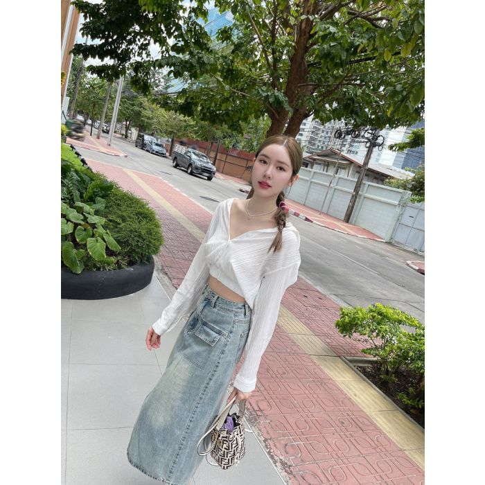 ARTISAN DENIM MIDI SKIRT-BLUE-XL