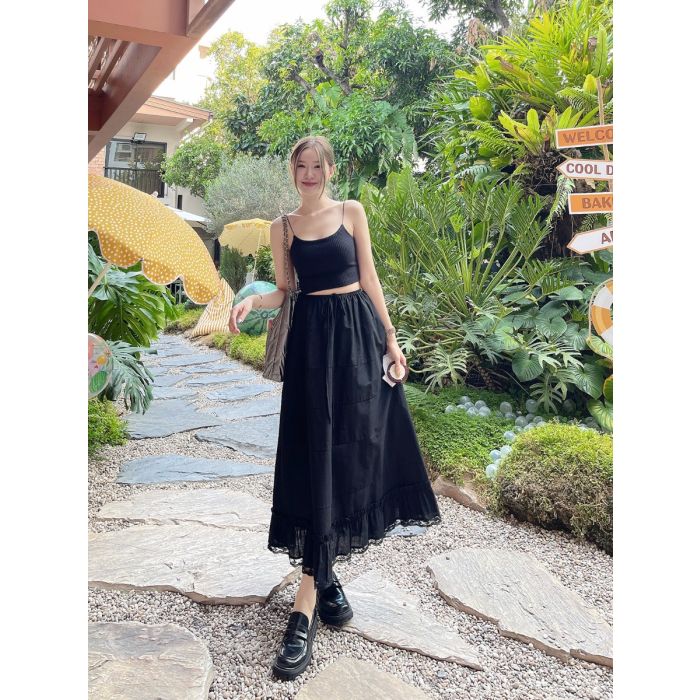 VANILLA SKY LINEN MAXI SKIRT-BLACK