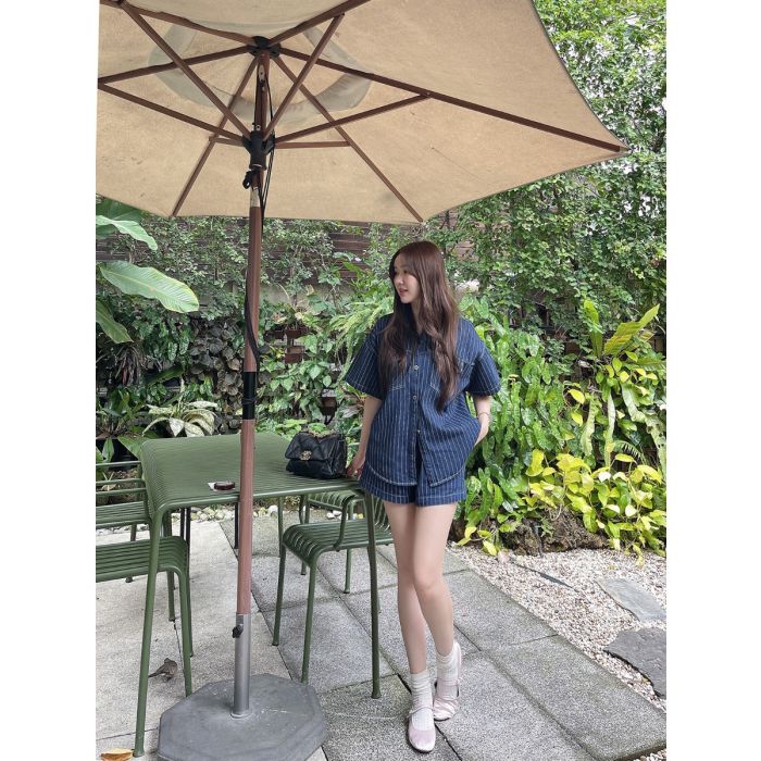 STRIPE OVERSIZED DENIM SHIRT & SHORTS SET-NAVY