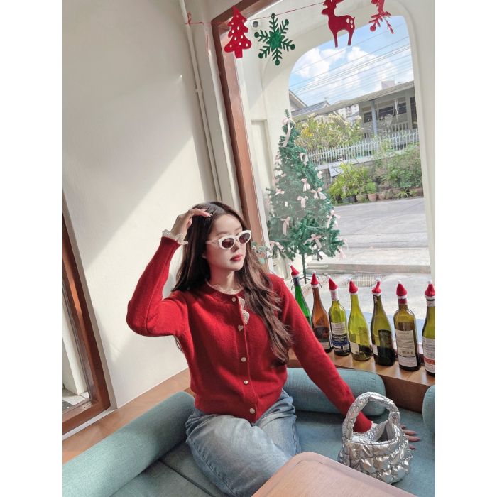 TREASURE LACE KNIT CARDIGAN-RED