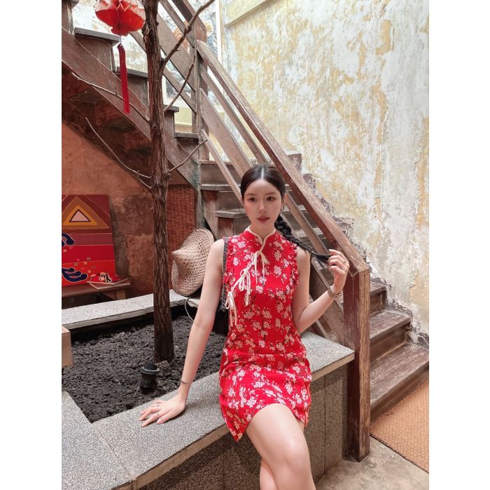 LUNAR FLORAL PRINT QIPAO DRESS-SAKURA