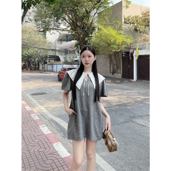 PUDDING BOW OVERSIZED COLLAR DRESS-CHARCOAL