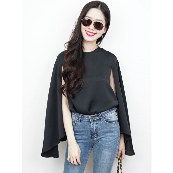 TRINITY CAPE SOFT SATIN BLOUSE-BLACK