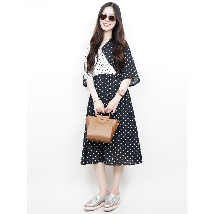 POLKADOT TWO TONE WRAP DRESS-BLACK