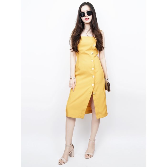 DELILAH BUTTON FRONT SINGLET DRESS-MUSTARD-S