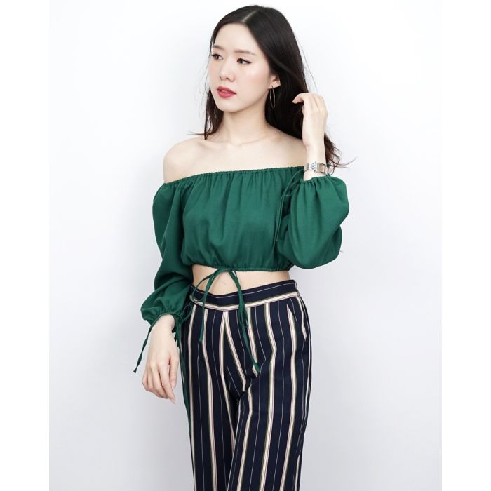 BOWTIE OFF SHOULDER CROP TOP-GREEN