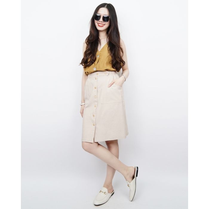 YUKI BUTTON LINEN SKIRT-BEIGE