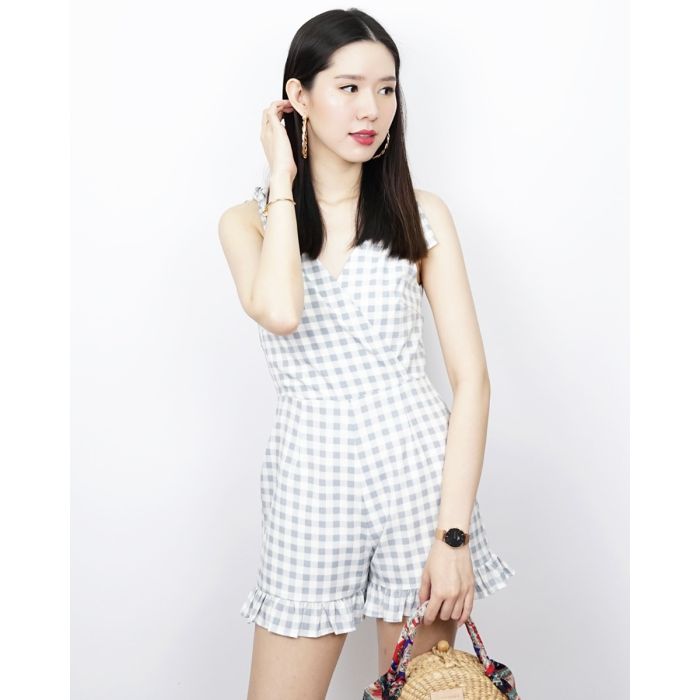 SPECIAL OFFER * GINGHAM NINA BOW SHOULDER PLAYSUIT-GREY-S