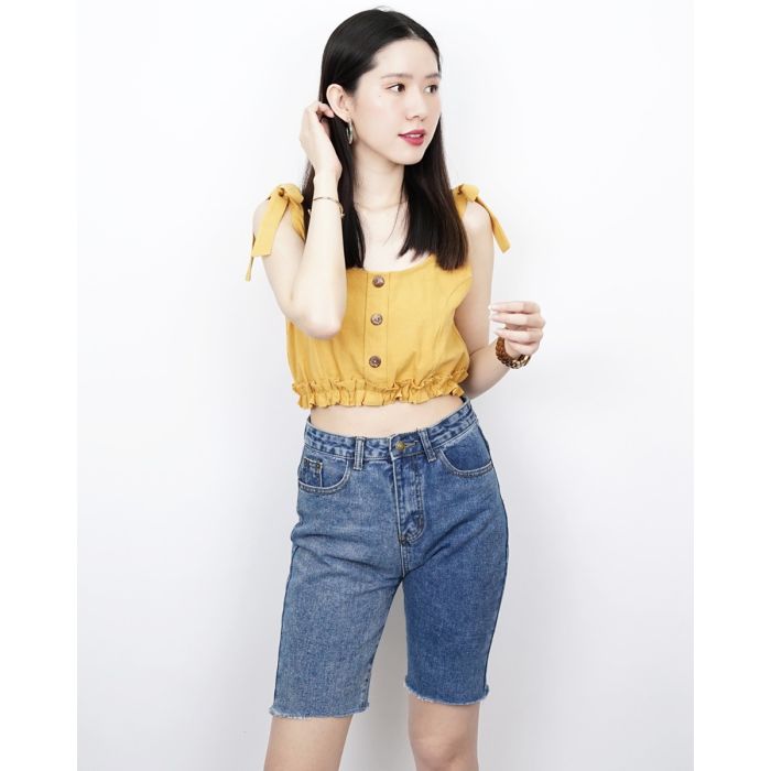 SONIA BOW SHOULDER CROP TOP-MUSTARD