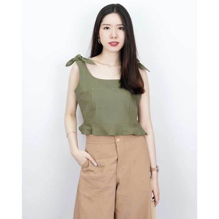 SYRUP BOW SINGLET LINEN TOP-OLIVE