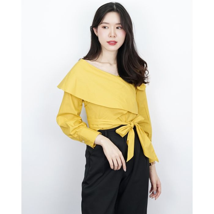 ALBA STREAMER TIE WAIST BLOUSE-MUSTARD