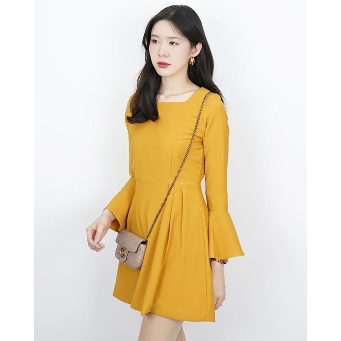 LISA CLASSIC FIT & FLARE DRESS-MUSTARD-M