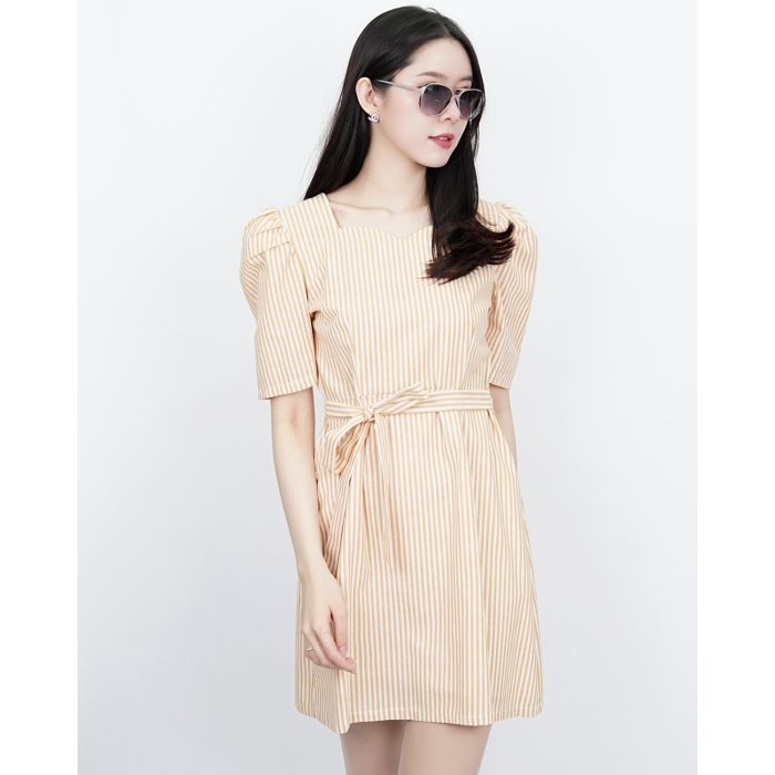 CELENE STRIPED TIE WAIST DRESS-MUSTARD