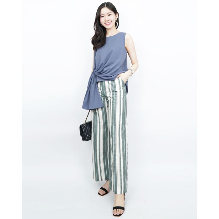 VINTAGE STRIPE COTTON PANTS-GREEN-L