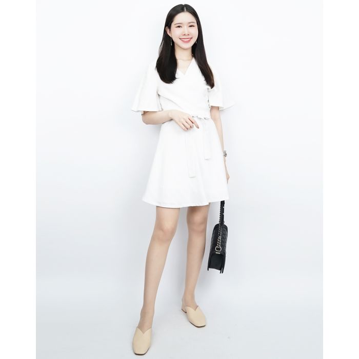 MINA LINEN TIE WAIST WRAP DRESS-WHITE-S