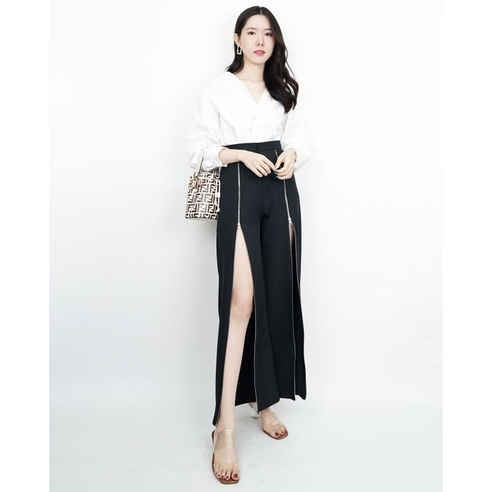 ZIPPER FRONT STRAIGHT PANTS-BLACK-S