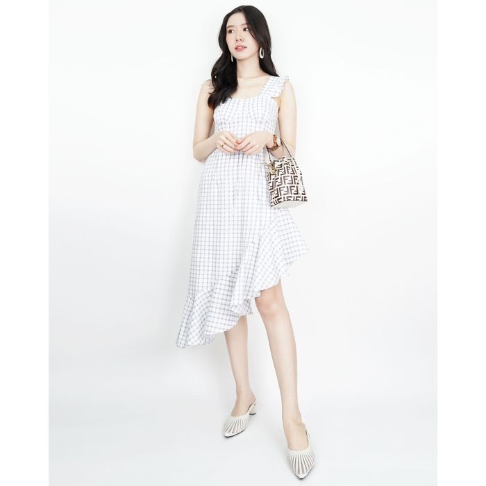 MALONE WINDOWPANE SLASH RUFFLE DRESS-EGGPLANT-M