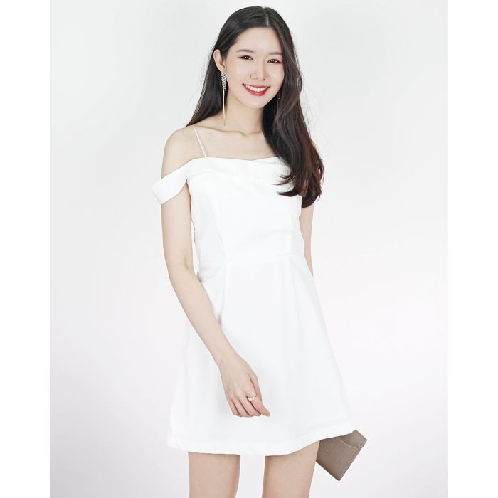 AVELINE CLASSY SHOULDER DRESS-WHITE-M