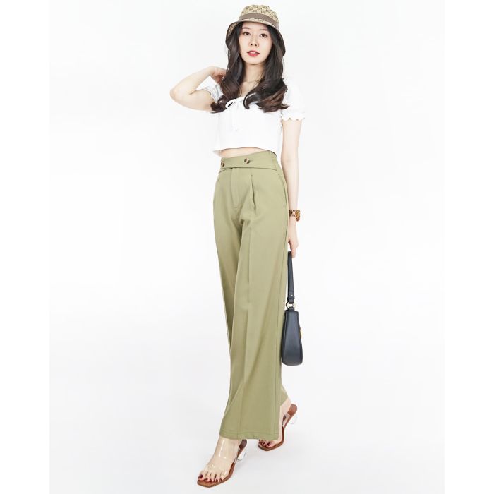 LYRA DOUBLE BUTTON BELTED PANTS-OLIVE-S