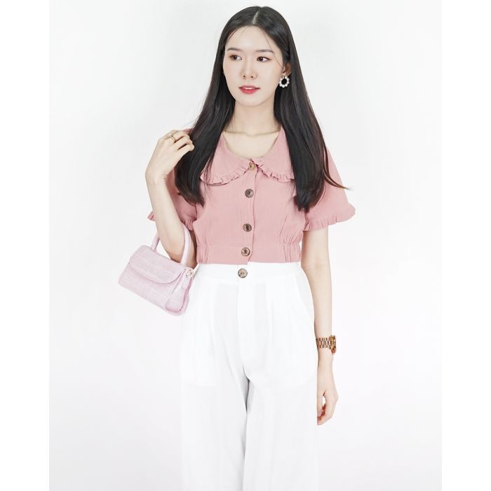 SPECIAL OFFER * KUMI RUFFLE PETER PAN LINEN TOP-PINK