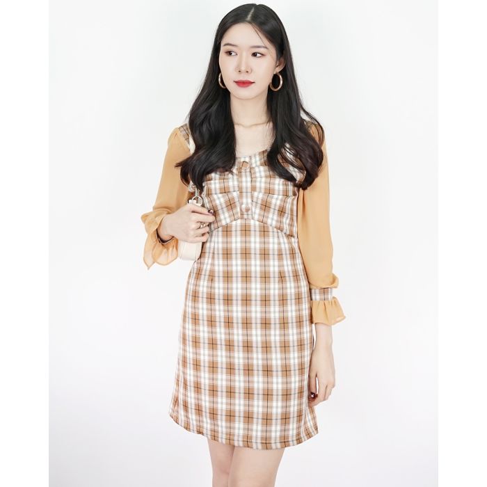 JOYCE DRAPED TARTAN DRESS-BROWN-L