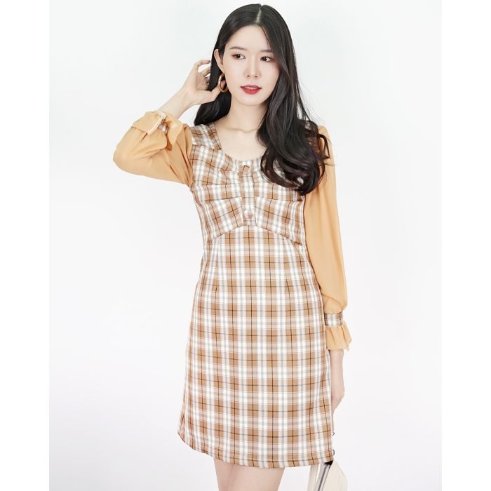 JOYCE DRAPED TARTAN DRESS-BROWN-M