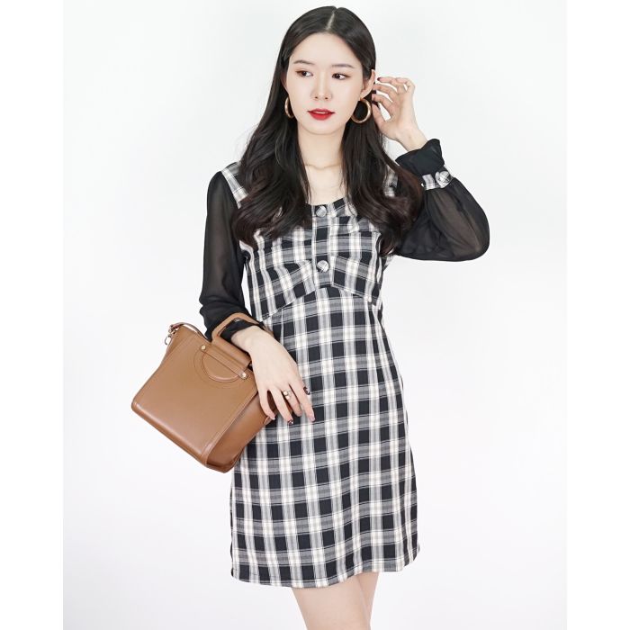 JOYCE DRAPED TARTAN DRESS-BLACK-S