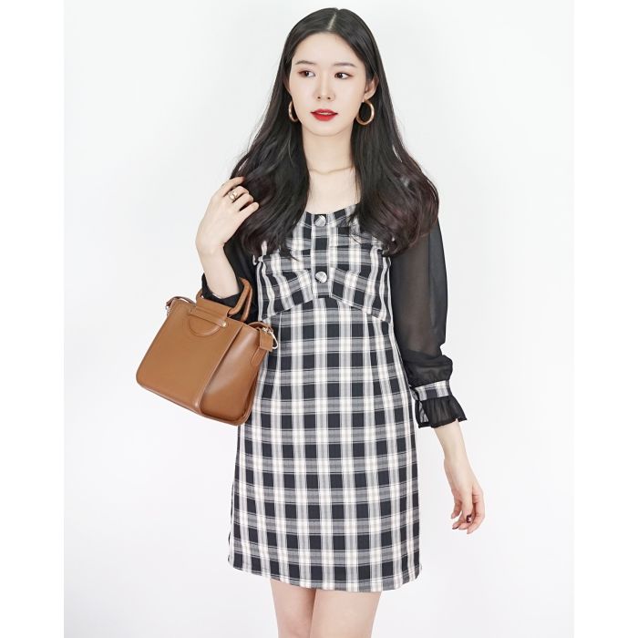 JOYCE DRAPED TARTAN DRESS-BLACK-L