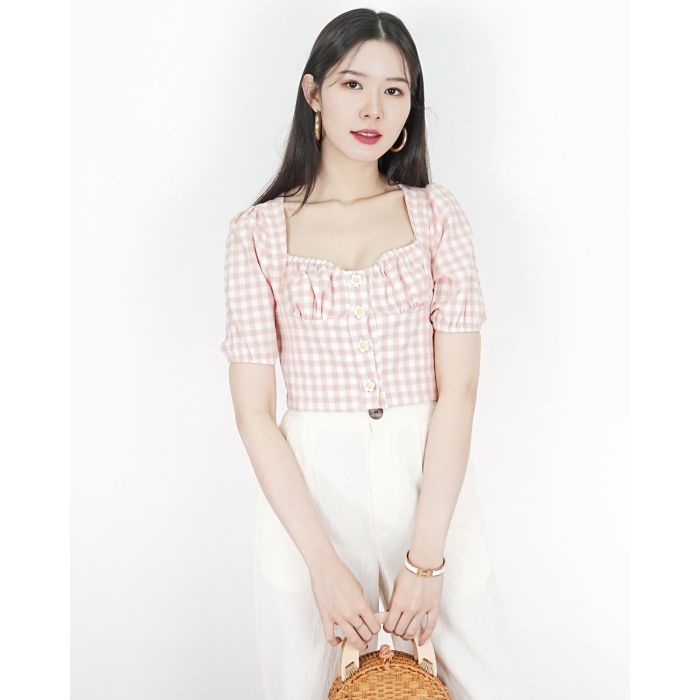 DOLLISH PASTEL PLAID TOP-PEACH