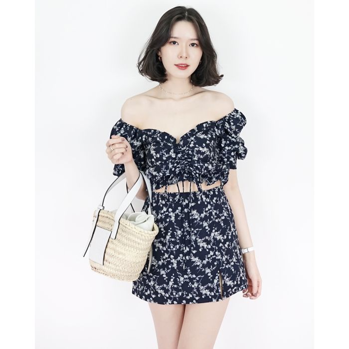 ERICA FLORAL DRAWSTRING SET-NAVY-S