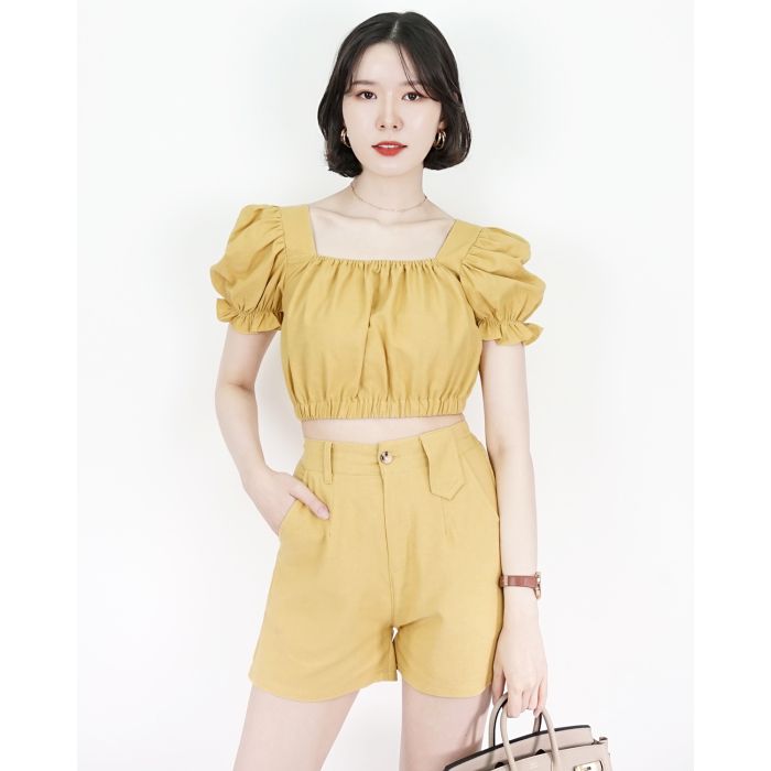 ANNA BASIC LINEN SHORTS-MUSTARD