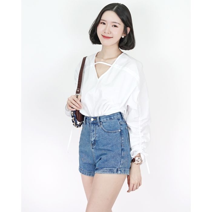 FOLDED HIGH WAISTED DENIM SHORTS-BLUE-L