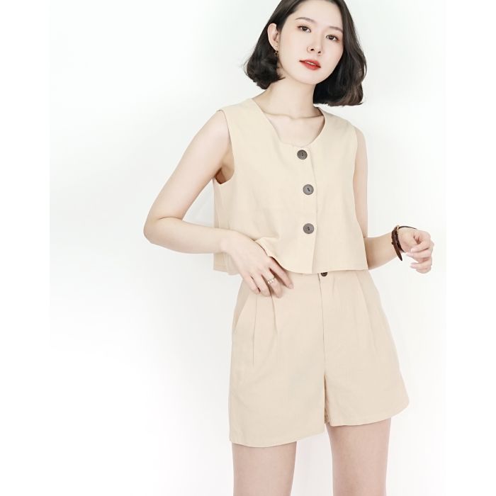 PRESTON HIGH WAIST LINEN SHORTS-SAND