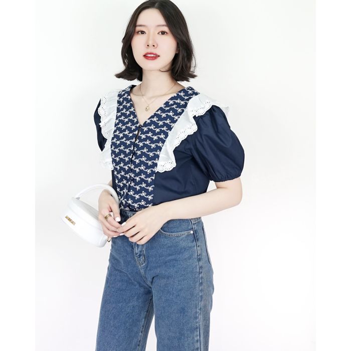 MOLLY RUFFLE V NECK LACE BLOUSE-NAVY