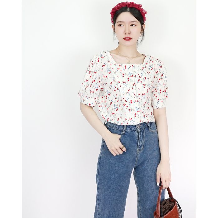 POPPY FLORAL CHIFFON BLOUSE-VANILLA