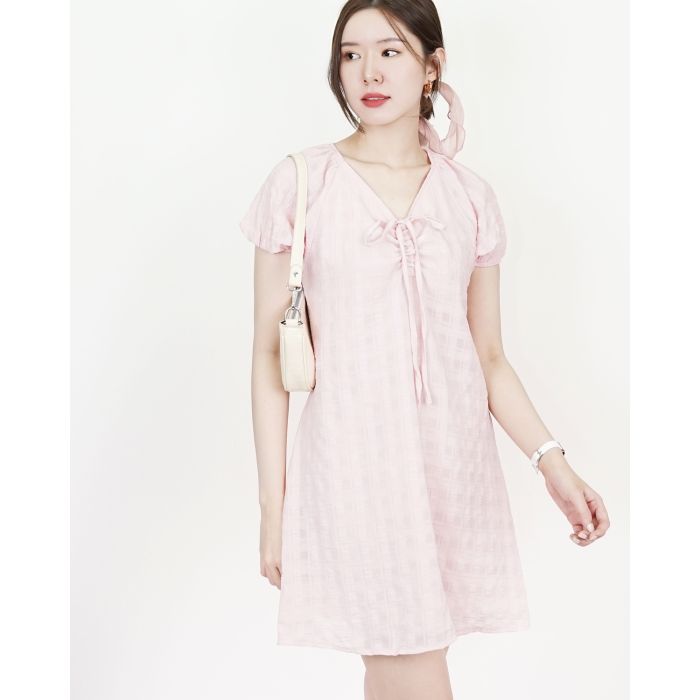 MELTED DRAWSTRING CHIFFON DRESS-PINK