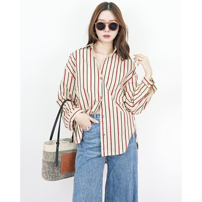 STRIPE DRAWSTRING OVERSIZED SHIRT-CARMINE