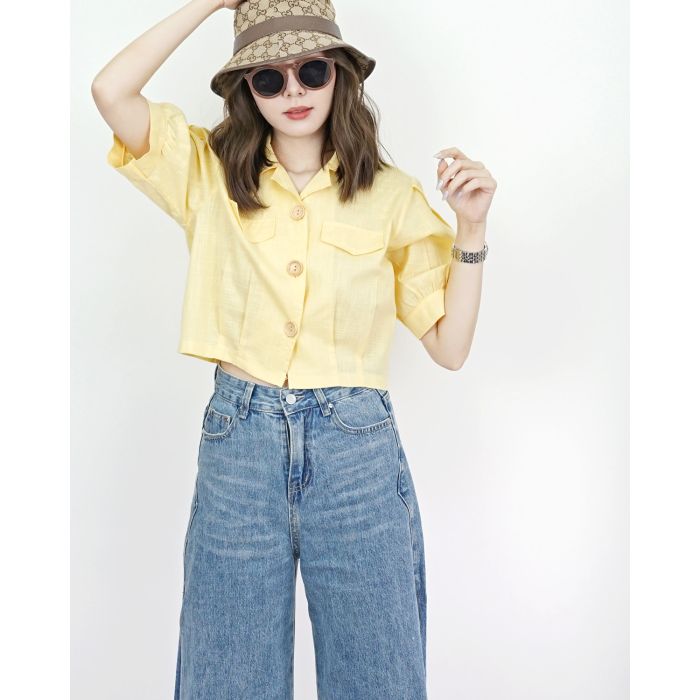 SEASON LINEN CROP SHIRT-YELLOW