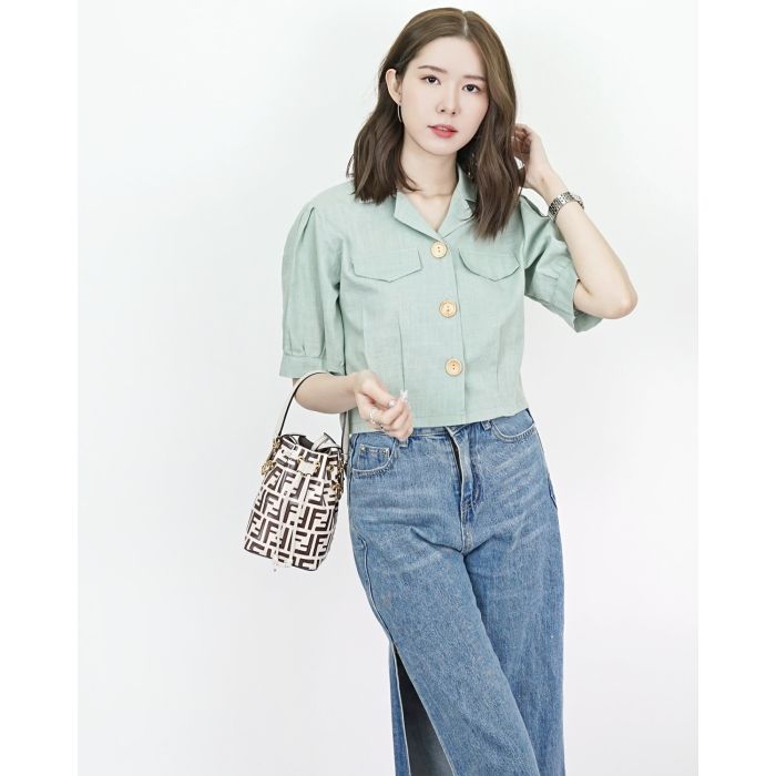 SEASON LINEN CROP SHIRT-SAGE