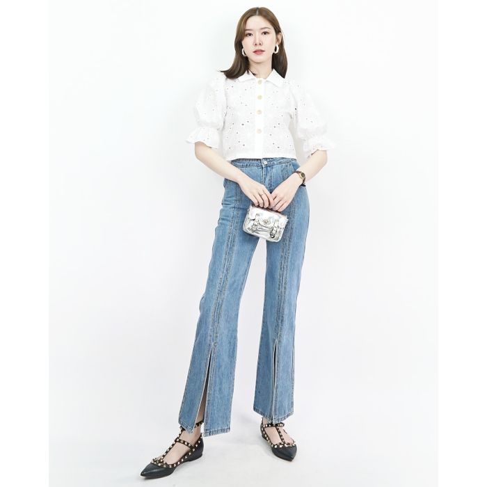 FLARED SPLIT LEG DENIM PANTS-L