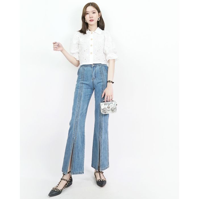 FLARED SPLIT LEG DENIM PANTS-S