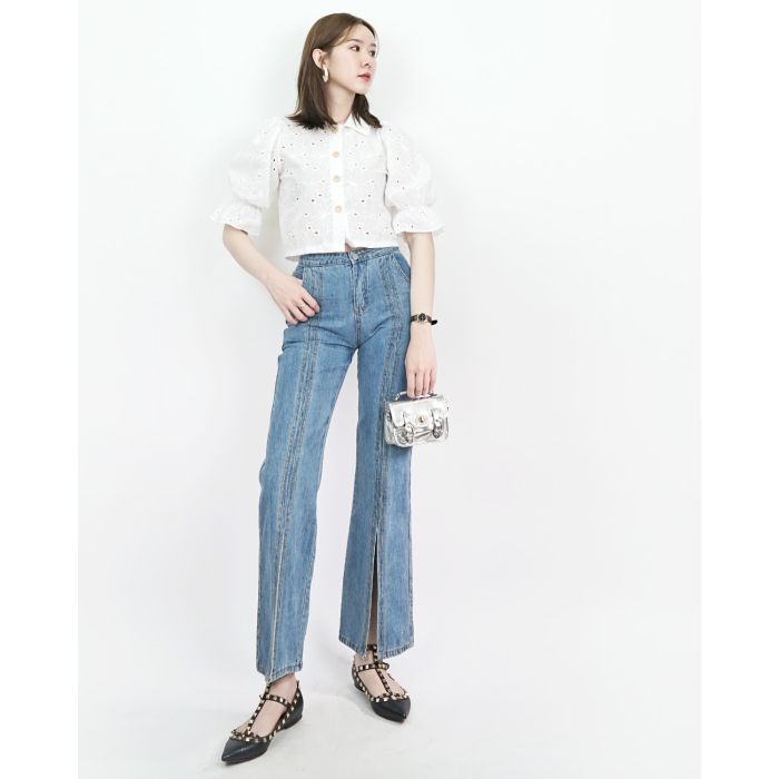 FLARED SPLIT LEG DENIM PANTS-M