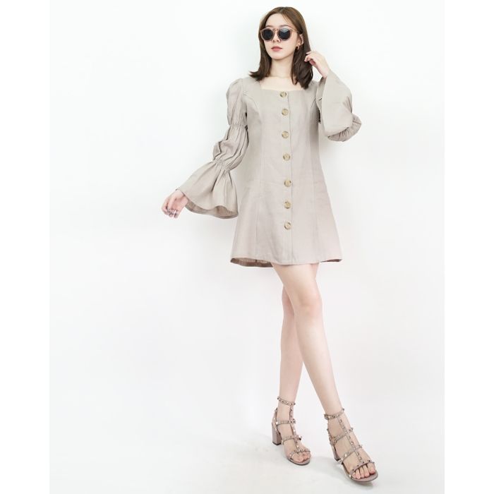 SPECIAL OFFER * FREYA MARIE SLEEVE LINEN DRESS-TAUPE-M