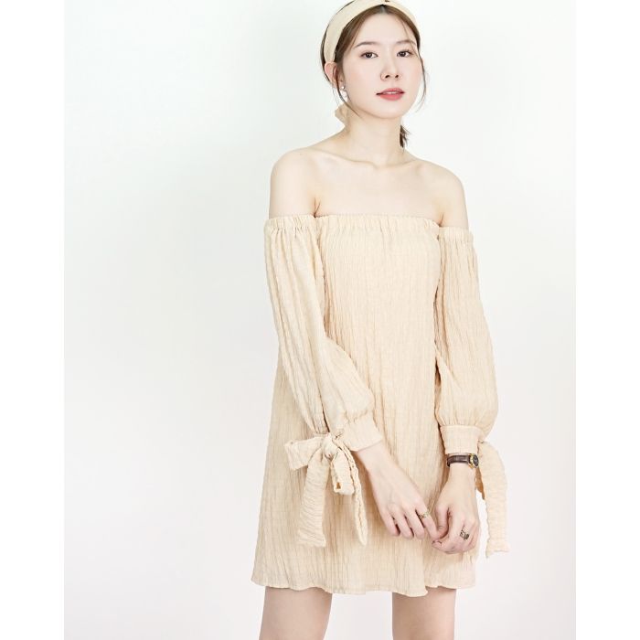 MOJITO BOW SLEEVE OFF SHOULDER DRESS-BEIGE