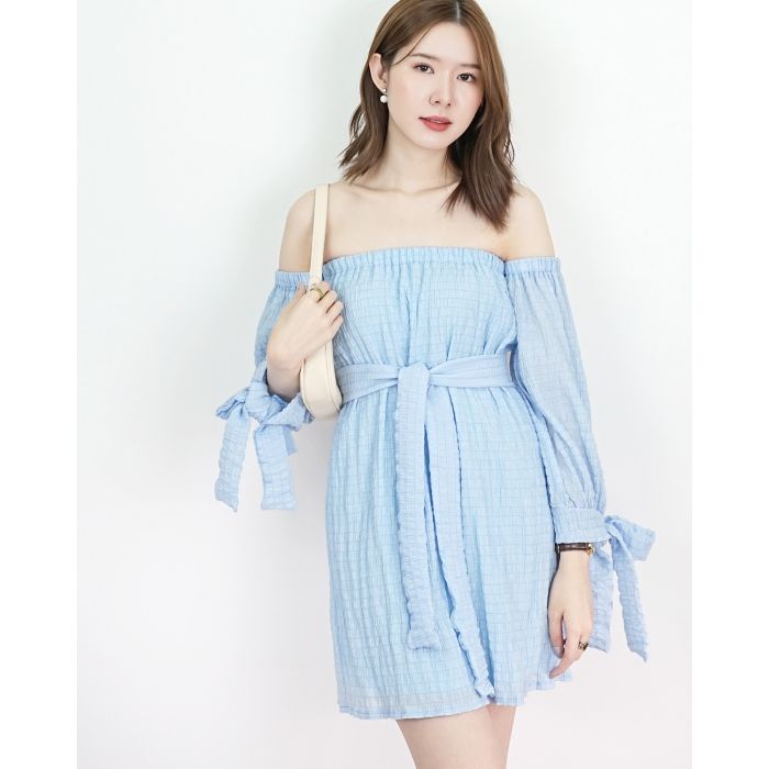 MOJITO BOW SLEEVE OFF SHOULDER DRESS-BLUE