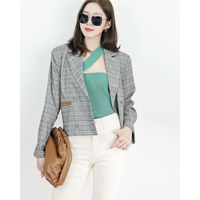 MEZZO PLAID OVERSIZED BLAZER-BROWN-S