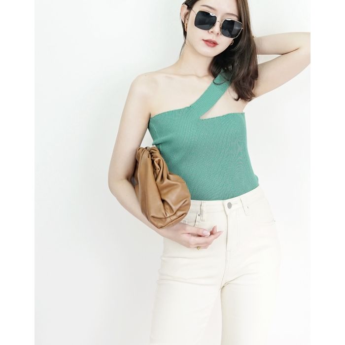 LENA SLASH KNIT CROP TOP-GREEN