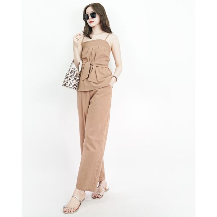 ISLAND BOW BACK LINEN TOP & PANTS SET-BROWN