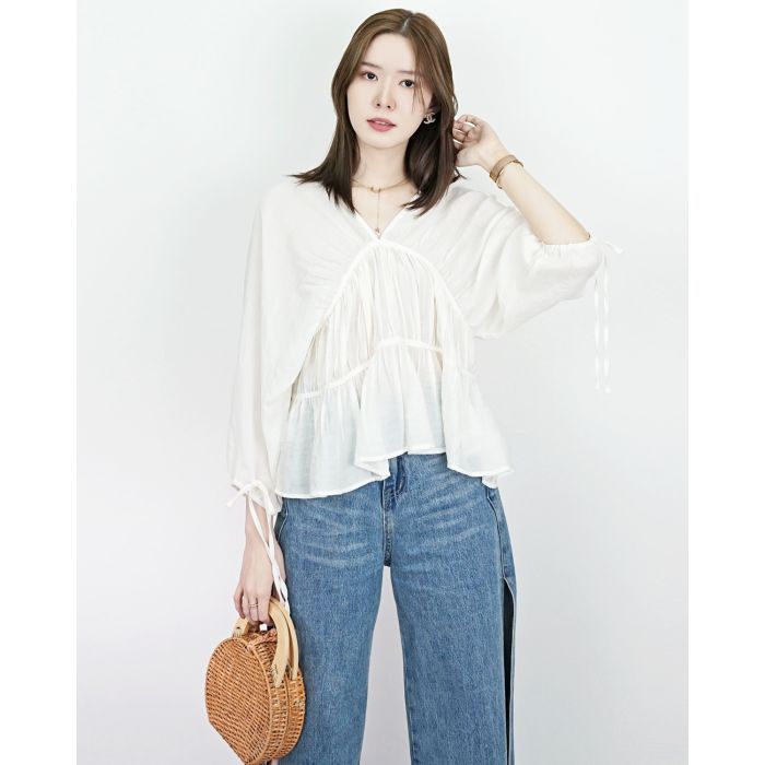 CASCADE BOW SLEEVE SLOUCHY BLOUSE-VANILLA